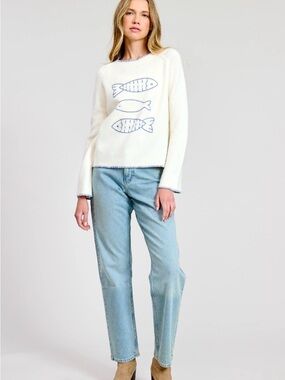 Cream Knit Sweater with Blue Fish Motif
